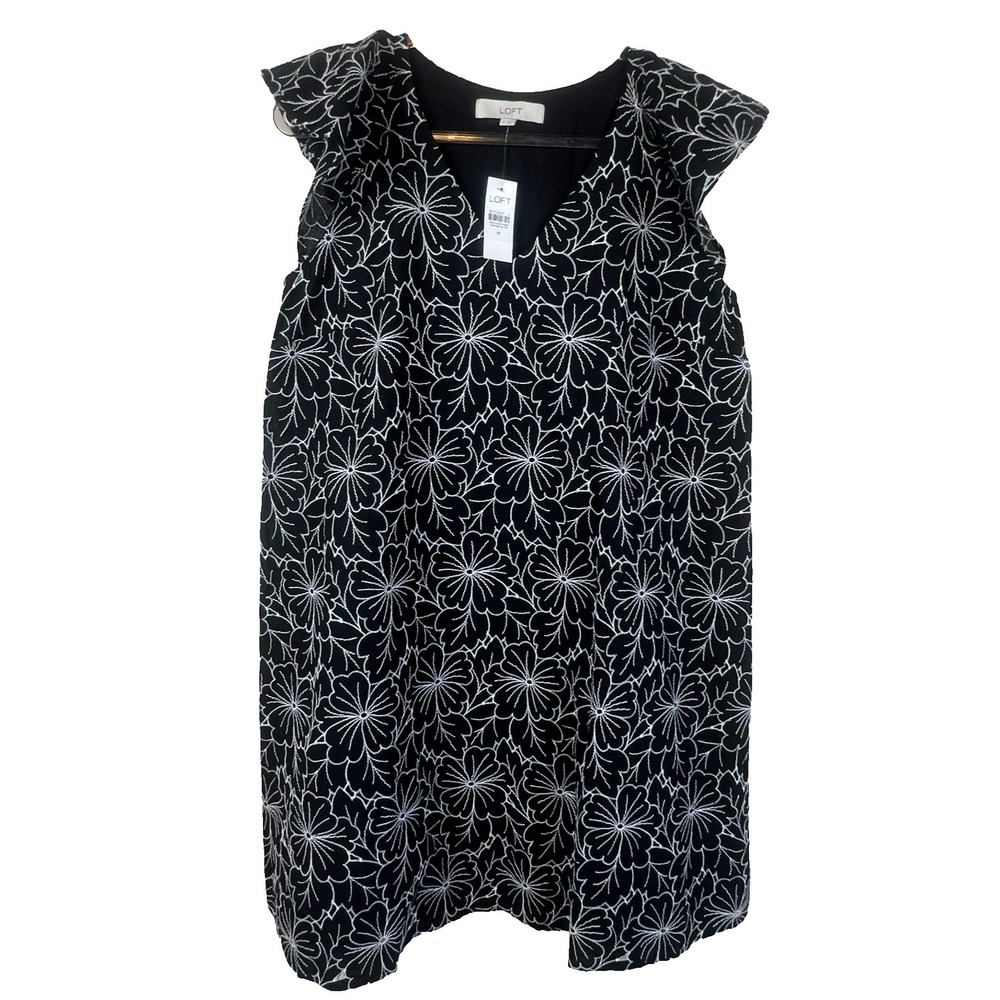 NWT LOFT Black White Floral Embroidered Dress‎ Sleeveless Lined Cotton Medium